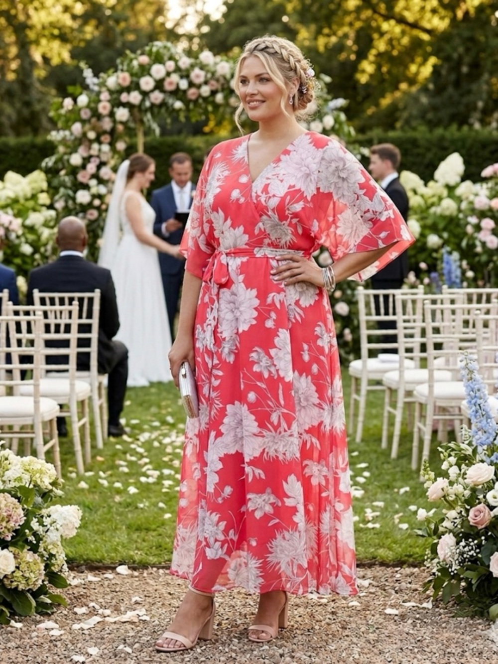 Lane Bryant Size 26 Pink Floral Chiffon Maxi Dress Flutter Sleeve V-Neck EUC